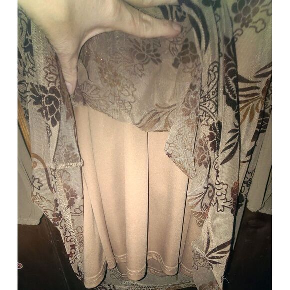 She + Sky Tan with Brown Floral Sheer Long Sleeve Short Lined Shift Dress Medium - Picture 7 of 9